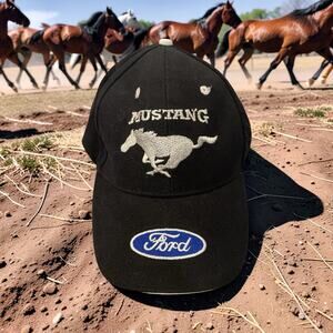 Ford Mustang Black Hat Baseball Cap Running Pony Logo Embroidered Cotton OSFM